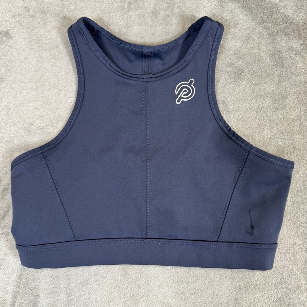 Nike Peloton Womens High Neck Racerback Sports Bra Navy Blue Cutout Logo Small